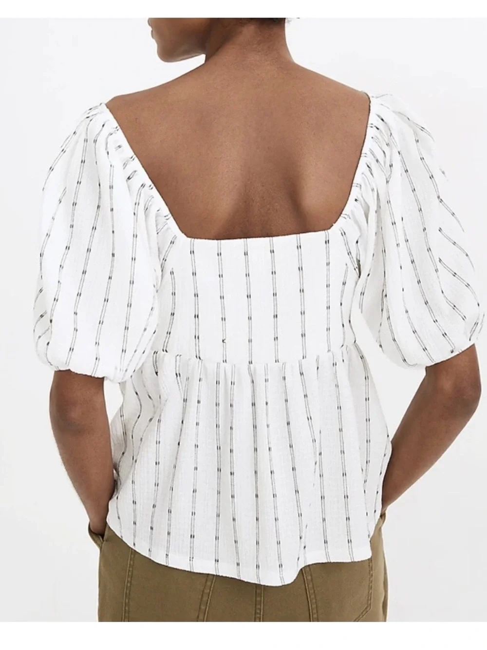 Madewell 2X Striped Puff Sleeve Peplum Empire Top Ivory and Black